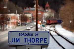 In this Jan. 12, 2010 file photo, a sign in the town of Jim Thorpe, Pa., is shown. (AP Photo/Matt Rourke, File)