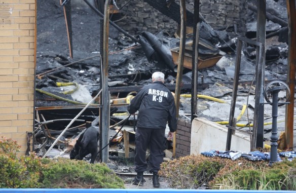 An arson investigator leads his arson dog through the charred San Pedro Elks Lodge on Wednesday, April 16, 2014. The Lodge overlooking the Port of Los Angeles was destroyed in an early Tuesday morning fire. (Chuck Bennett / Staff Photographer)