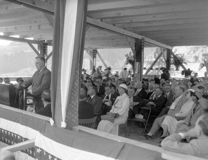 Dedication of Hoover Dam by President F. D. Roosevelt, Sept. 30, 1935. Ezra Scattergood can be seen in the lower right behind the chair with the hat. (Credit: Dedication of Hoover Dam by President F. D. Roosevelt. Ezra Scattergood can be seen in the lower right behind the chair with the hat. (Credit: Dedication of Hoover Dam by President F. D. Roosevelt. Ezra Scattergood can be seen in the lower right behind the chair with the hat. (Credit:)