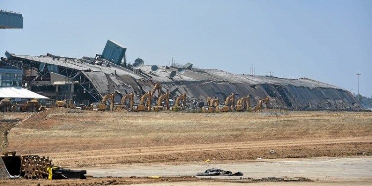 The grandstand for the historic Hollywood Park racetrack in Inglewood after it was imploded on May 31, 2015. (Stephen Carr / Staff Photographer)