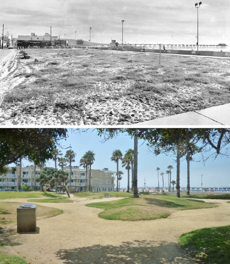 Similar views of the Hermosa Beach Biltmore site as a vacant lot in 1983, above, and as Noble Park in August 2016. The Hermosa pier can be seen in the background of both photos. (Daily Breeze file photos)