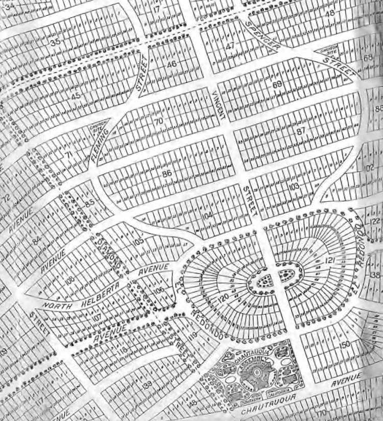Portion of 1887 Redondo Beach map by city planner William H. Hall shows the oval base of the lamp, lower right, and the upper curved portion formed by Spencer and Fleming streets. (Daily Breeze files)