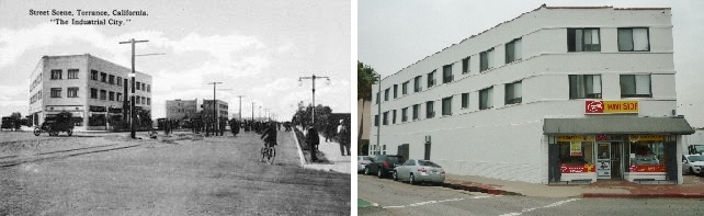 Left: Undated postcard show the Brighton Hotel in Old Torrance. Right: The Brighton building today. (December 2016 Daily Breeze photo)