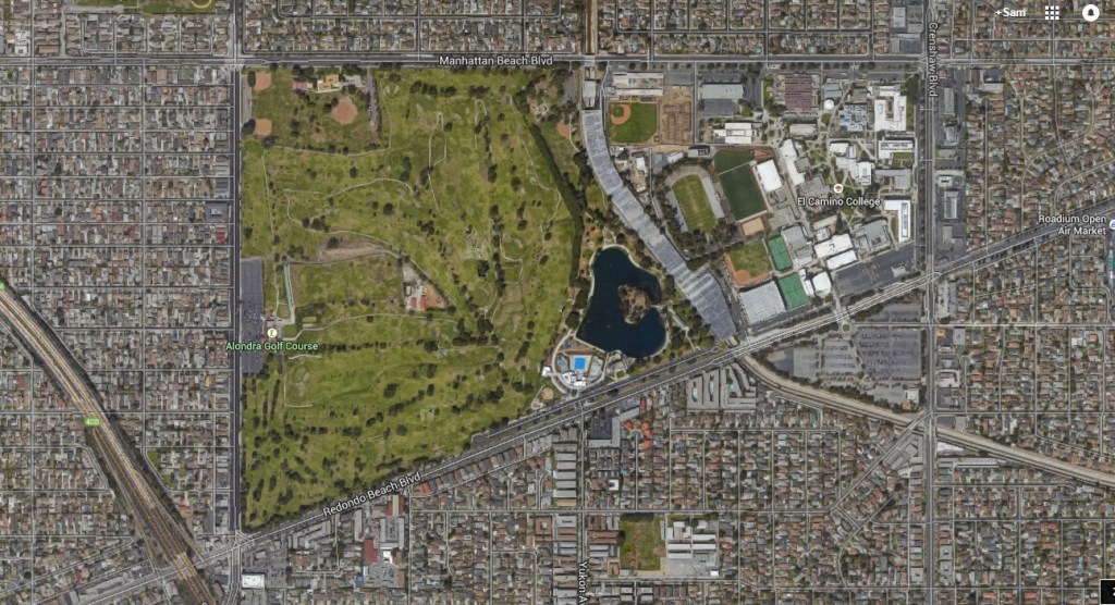 Alondra Park, left, and El Camino College as seen from the air. North at top. (Google Maps)