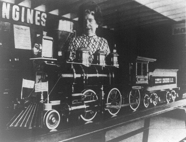 Irene Lewis stands behind one of her Little Engines in this staff photo from the Daily Breeze, Aug. 31, 1975, Page C3.