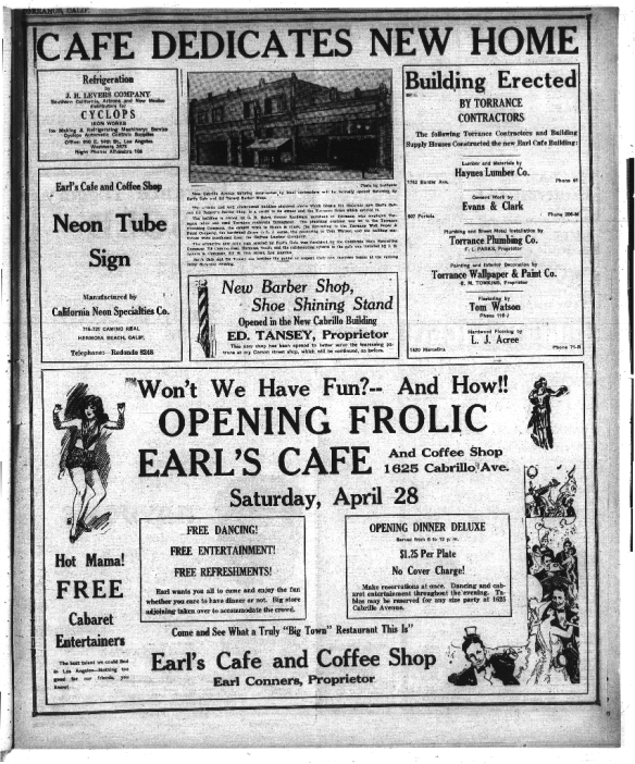 Torrance Herald ad from April 26, 1928, announces the grand opening of Earl's Cafe at 1625 Cabrillo. (Credit: Torrance Historical Archives database, Torrance Public Library)