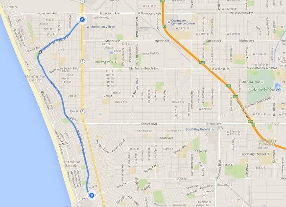 The greenbelt runs from Manhattan Beach in the north (A) through to Hermosa Beach, ending at Herondo Street (B). (Credit: Google Maps)