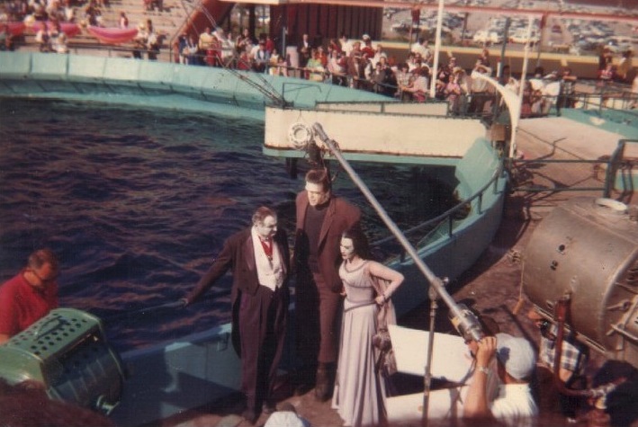 "The Munsters" cast members during filming of the "Marineland Carnival" special in 1965. L to R: Al Lewis (Grandpa), Fred Gwynn (Herman) and Yvonne DeCarlo (Lily).