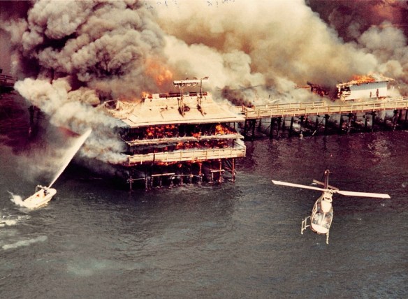 The Redondo Beach pier fully involved in flames on May 27, 1988.