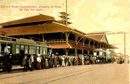 Undated postcard shows Balloon Route excursion passengers arriving via Pacific Electric Railway cars at the pavilion at Playa del Rey, sometime after C.M. Pierce took over the popular tourist trains in 1904.