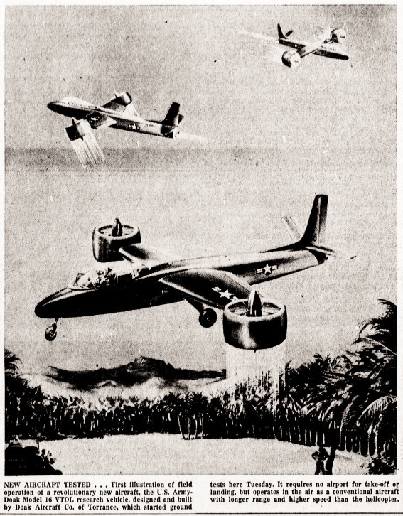 Artist rendition of the Doak 16 VTOL design made for the U.S. Army. Torrance Herald, Feb. 27, 1958, Page 1. (Torrance Historical Archives database, Torrance Public Library)
