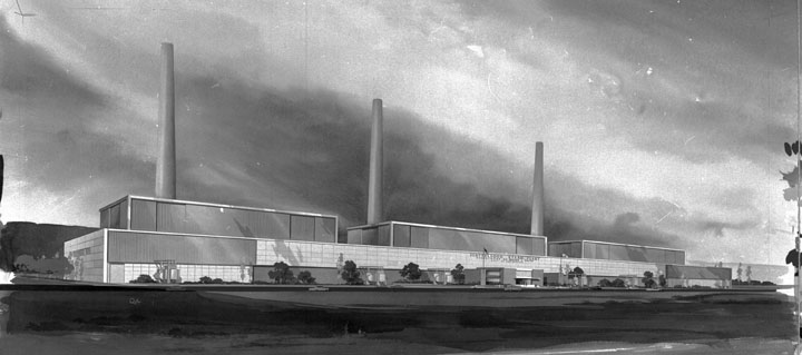 Artist rendering for Scattergood Steam Plant. Undated, ca. 1956. (Credit: Historical Photo Collection of the Department of Water and Power, City of Los Angeles)