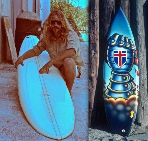 Combo photo shows Rick Griffin with a new surfboard, left, in an undated photo from the 1970s. Photo on right shows a surfboard designed by Griffin. (Photo courtesy Randy Nauert)