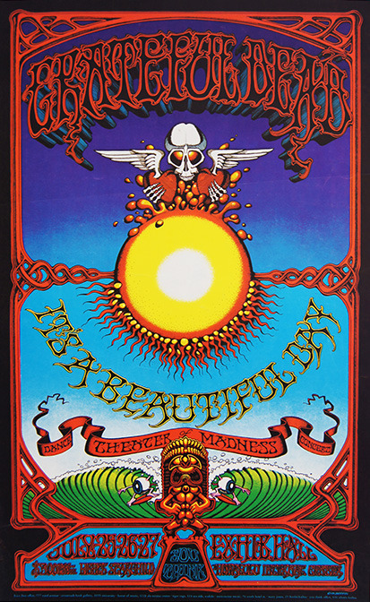 Rick Griffin poster for a Grateful Dead 1969 concert in Hawaii. The concert was later canceled and copies of the poster destroyed, making this one of the most valuable Griffin works.