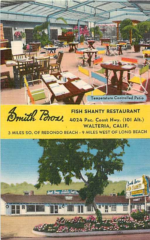 Undated postcard shows interior, top, and exterior of Smith Bros. Fish Shanty in Walteria.