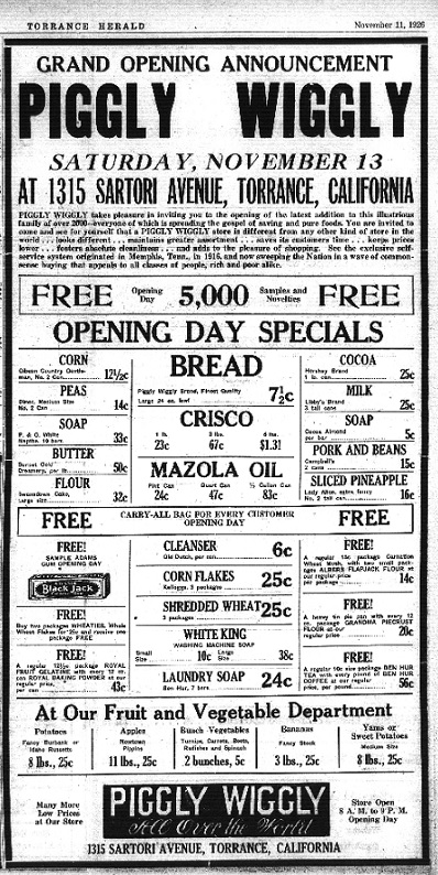 Torrance Herald ad announcing the upcoming Piggly Wiggly store opening, Nov. 11, 1926. (Photo credit: Torrance Public Library's Historical Newspaper Archives database.)
