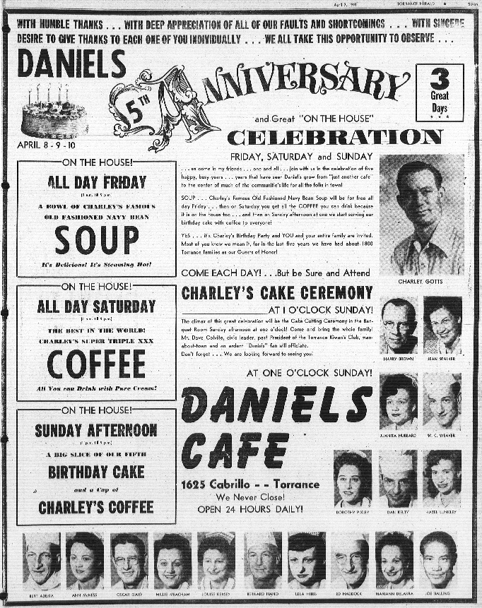 Torrance Herald ad of April 13, 1949, trumpets the fifth anniversary of Charley Gotts' purchase of Daniels Cafe, showing the cafe's owner and employees. Click to enlarge. (Credit: Torrance Historical Archives database, Torrance Public Library)
