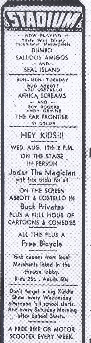 An ad for a typical lineup at the Stadium from the Aug. 11, 1949 Torrance Herald. Credit: Torrance Public Library, Historical Newspaper Archives.