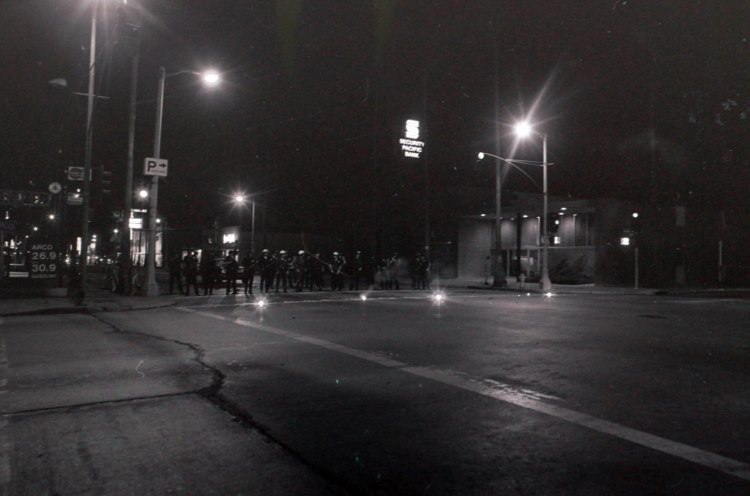 Police line up along Avalon Boulevard during the Aug. 31, 1970 disturbance in Wilmington. Daily Breeze photo by Jack Wyman.