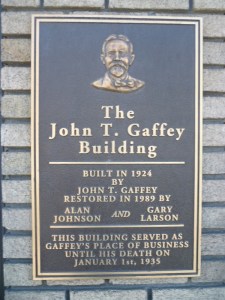 The plaque honoring John T. Gaffey on the exterior of the Gaffey Building at 333 West Sixth Street in San Pedro. (May 2014 Daily Breeze photo)
