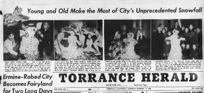 Torrance Herald front page, Jan. 13, 1949. (Credit: Torrance Historical Archive database, Torrance Public Library)