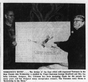 Rose Bowl float designer Isabella Coleman, right, with in this Dec. 29, 1957 photo from the Torrance Herald. (Torrance Herald clip courtesy Torrance Public Libary collection)