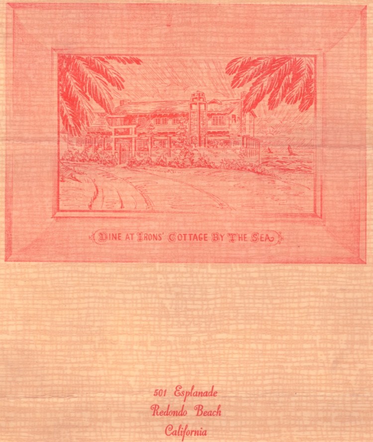 This undated line drawing of Irons Cottage By The Sea comes from a restaurant handout, probably from the early 1950s.
