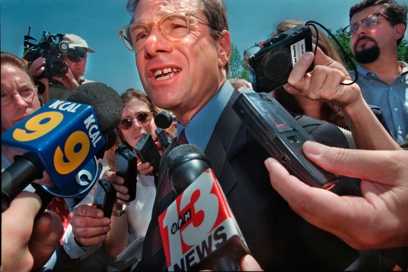 Hoping to put the best face on the defeat of his Carson stadium proposal, media mogul Michael Ovitz talks to reporters on April 20, 1999. (Daily Breeze staff file photo)