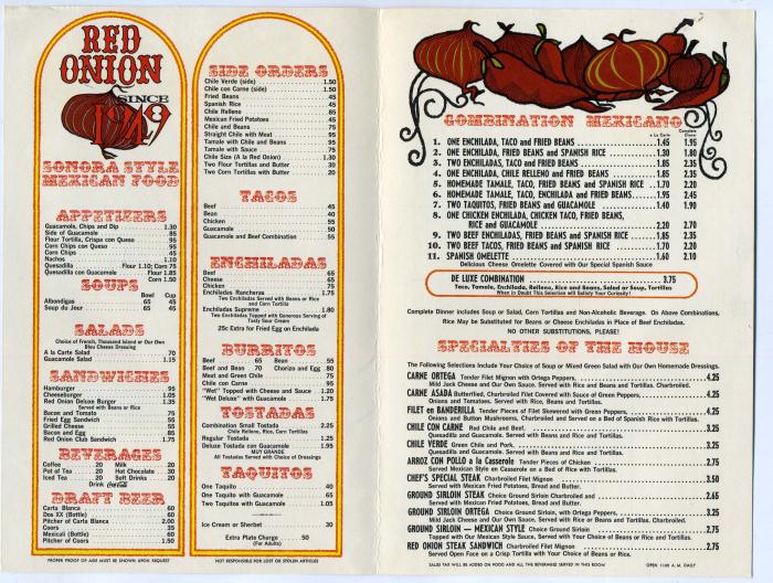 Undated Red Onion menu, circa mid-1960s.