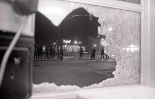 Police patrol the streets of Wilmington during the Aug. 31, 1970 riot. Daily Breeze file photo by Jack Wyman.