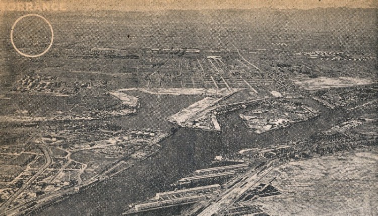 View of proposed canal route from the other direction, looking north from the Port of Los Angeles in this Torrance Herald photo from June 25, 1936. Torrance area is indicated by white circle at upper left. (Credit: Torrance Public Library, Historical News