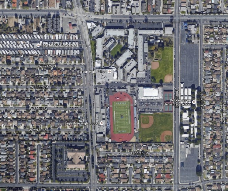 Carson High from the air. Main Street at left, 223rd Street at top. (Credit: Google Maps)