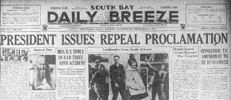 Daily Breeze front page, Dec. 6, 1933.