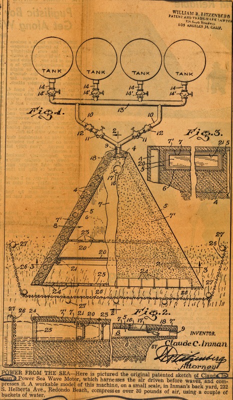 Patent drawing for Claude Inman's "power sea wave motor" invention. Daily Breeze clipping, Oct. 26, 1951.