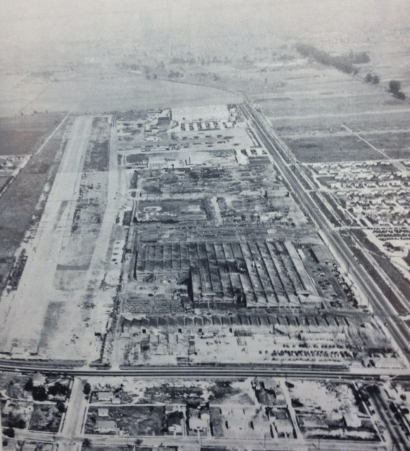 Northop's plant, left, still has wartime aerial camouflage in this 1946 aerial view looking east, with runway at left. (Photo from "Northrop: An Aeronautical History")