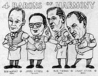 Business card for the "4 Barons of Harmony," with caricatures of members drawn by Bub Thomas. (Credit: www.harmonize.com)
