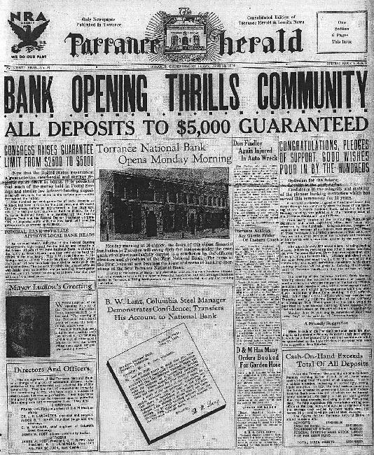The Torrance Herald front page heralds the upcoming Torrance National Bank opening in its June 23, 1934 edition. (Credit: Historical Newspapers Archive, Torrance Public Library)