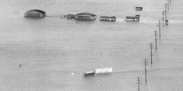 A flooded Dycer Airport in Gardena can be seen in this aerial view looking southwest. (California Historical Society Collection via University of Southern California Library)