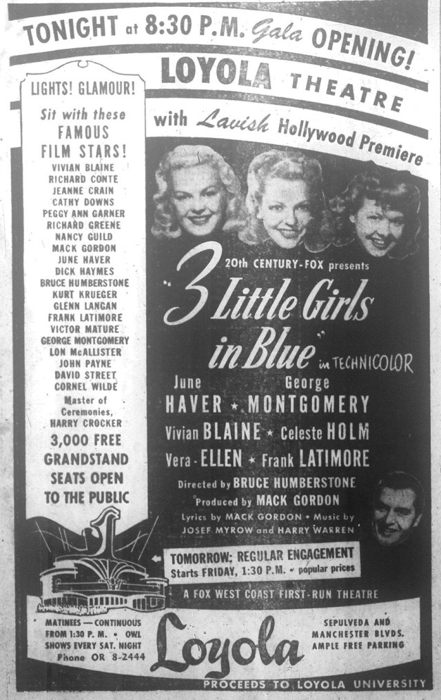 Ad promoting the opening of the Loyola Theatre. Daily Breeze, Oct. 3, 1946, Page 8.