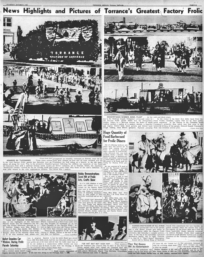Picture page taken from the Torrance Herald of Thursday, Oct. 3, 1940, Page 3A shows scenes from the 1940 Factory Frolic. (Photo credit: Torrance Public Library's Historical Newspaper Archives database.)