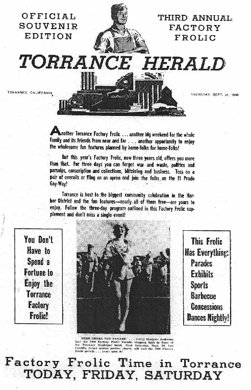 Front page of the Torrance Herald special section detailing the upcoming 1940 Factory Frolic. Picture page taken from the Torrance Herald of Thursday, Oct. 3, 1940, Page 3A shows scenes from the 1940 Factory Frolic. (Photo credit: Torrance Public Library's Historical Newspaper Archives database.)