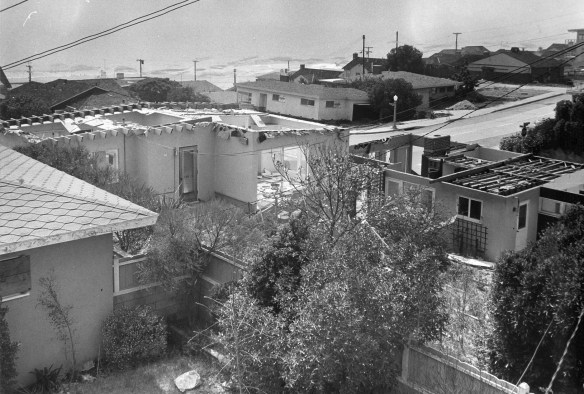 Partially demolished houses along Rindge Avenue in the Surfridge housing tract west of LAX in July 1967. The airport bought out homeowners and razed the houses. (Daily Breeze file photo by staff photographer Jack Wyman)