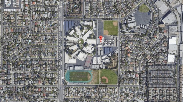 Aerial view of Narbonne High School in Harbor City looking north. Western Avenue is on the left edge of the campus. (Photo: Google Maps)