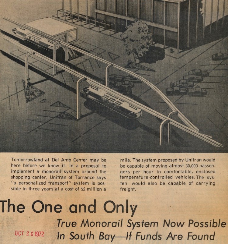 Artist's rendition of the Unitran monorail system proposed for the Del Amo Center mall. Daily Breeze, Oct. 26, 1972, Page 11.