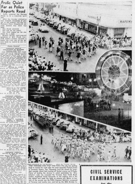 Photos from the Torrance Herald, Sept. 23, 1948, Page 6A, show scenes from the 1948 Factory Frolic, including marching bands in the parade, top and bottom, and the Ferris wheel and midway at night, middle. (Photo credit: Torrance Public Library's Historical Newspaper Archives database.)