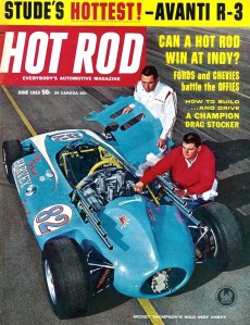 The Harvey Aluminum Indy race car built by Mickey Thompson, right, in red sweater, makes the cover of Hot Rod magazine in June 1963.