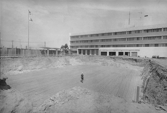 A workman walks through the construction site for the new South Bay Hospital wing in 1968. The wing was planned for in the original construction. (Daily Breeze file photo)