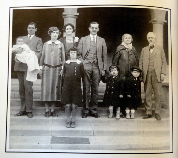 msp-legacyGaffey-sh photo courtesy of the San Pedro Bay Historical Society. March 30, 2005. The Gaffey family in the early 1920's, from left to right: Willaim T. gaffey jr., Willaim T. Gaffey, Hazel Mason Gaffey, Margaret Gaffey Mel, Sheila Ward Mel, Capt. John Mel, Peter John Mel, Arcadia Bandini Gaffey, John T. Gaffey ll, and John T. Gaffey. They are standing on the front entrance steps of Hacienda La Rambla.