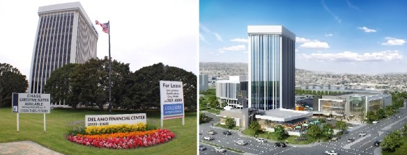 The Del Amo Financial Center at Carson Street and Hawthorne Blvd. in 2013, left, is slated to become a new development called DelAmoCrossing by its new owners. (Daily Breeze photo, left, and artist's rendering)