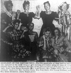 Women dressed in period costumes, from the inaugural "1912 Days" event. Daily Breeze front page photo, October 13, 1952.